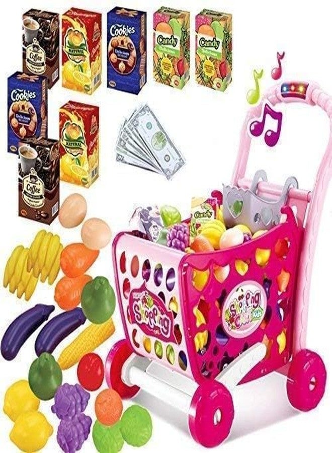 GIPTOC 3 in 1 Kids Supermarket Shopping Cart Hand Induction with Light & Sound Pretend Play Toy for Kid with Fruits & Vegetables, - Image 2